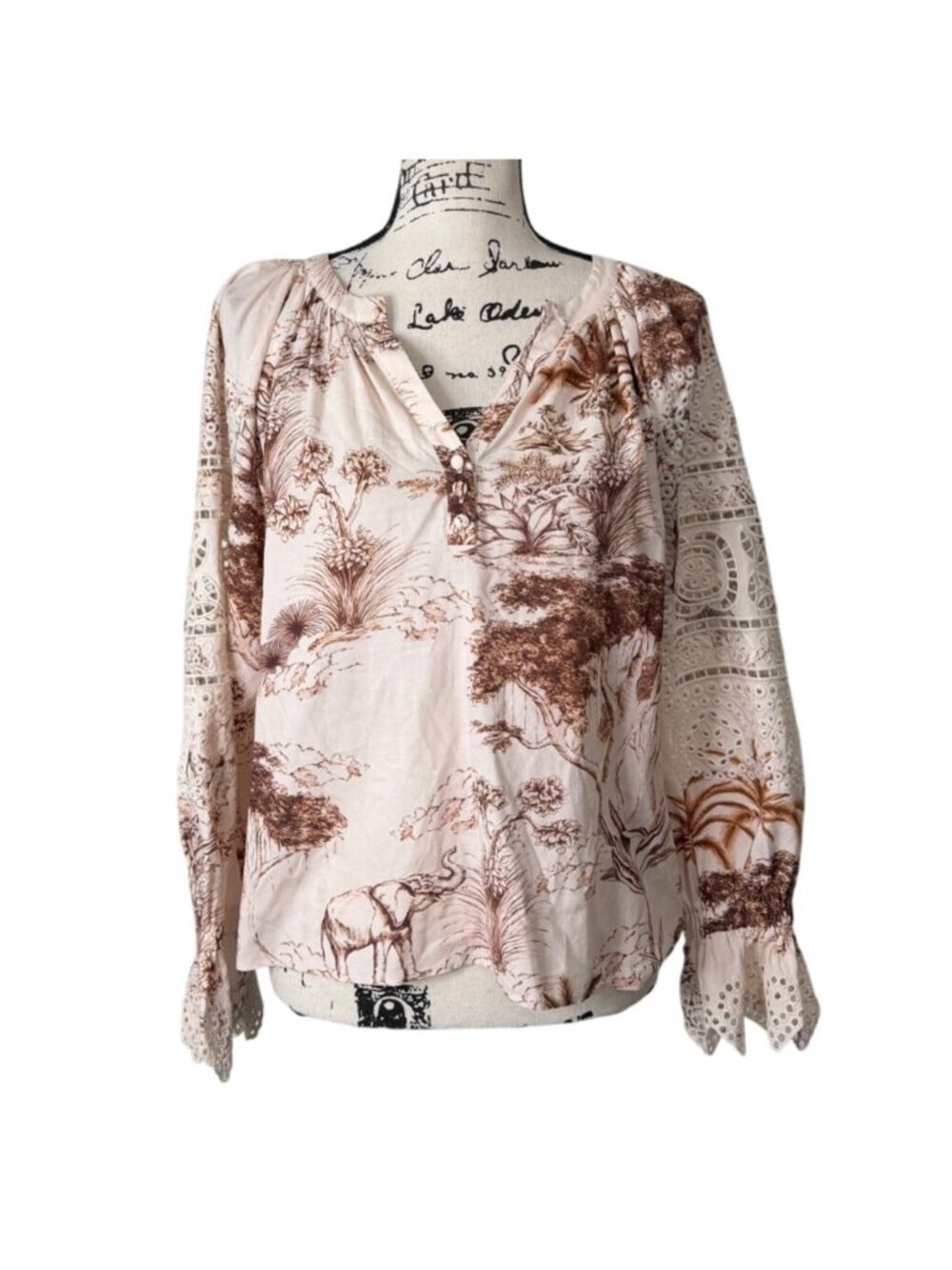 Sandro Paris Women Size S Top Jole Printed Lace Sleeve Blouse Blush Oversized